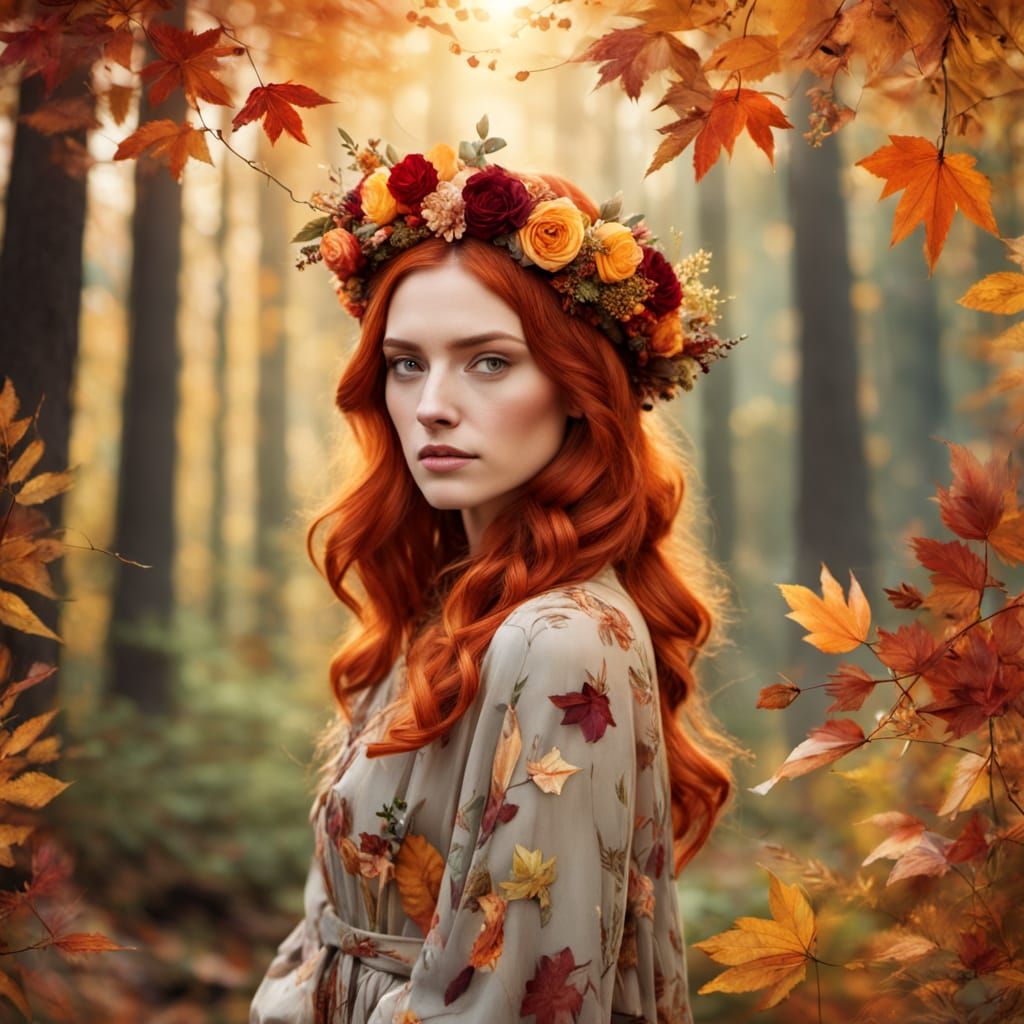 Young Woman in Floral Crown in Autumn Forest
