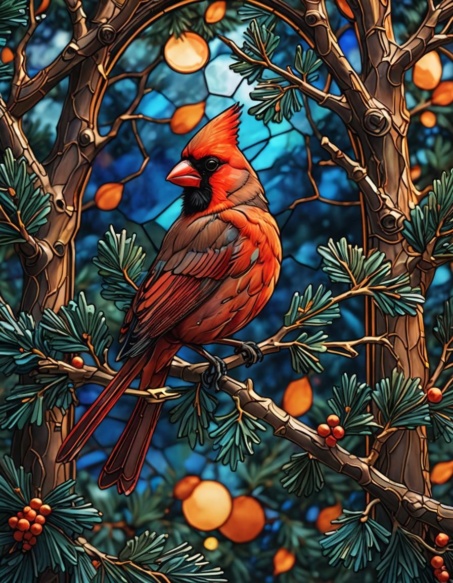 Cardinal in Evergreen: Stained Glass Alcohol Ink Art