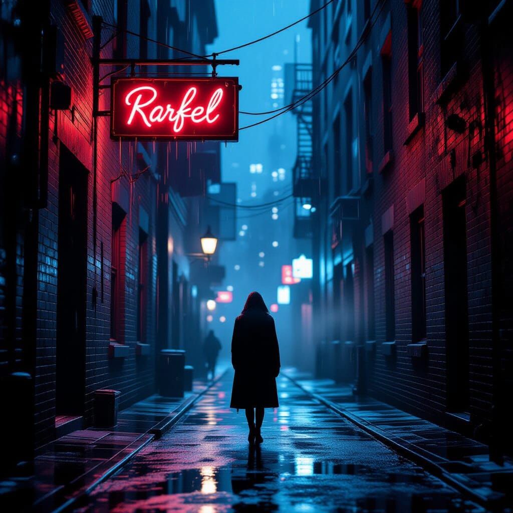 Mysterious Figure in Neon Alleyway