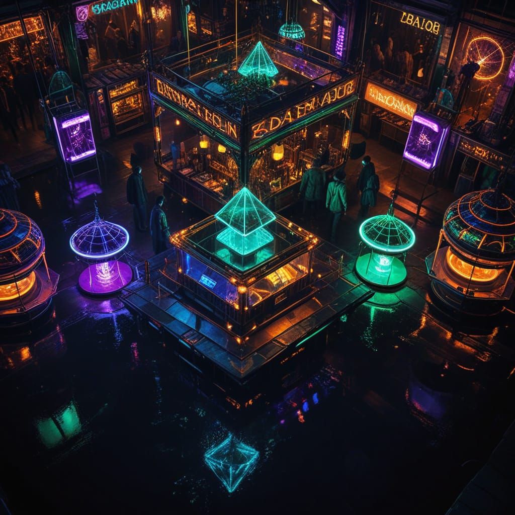 Floating Cyberpunk Bazaar with Fractal Elements