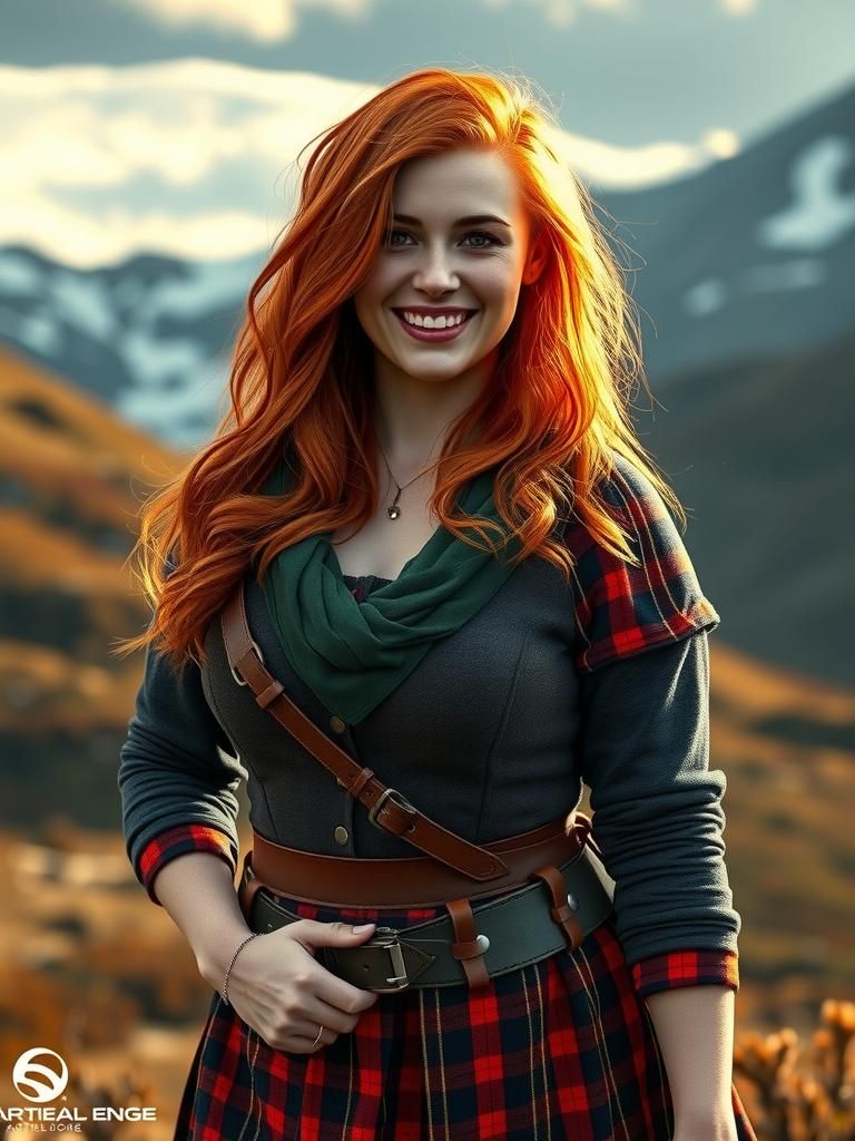 Redhead Woman in Kilt, Scottish Highlands Portrait