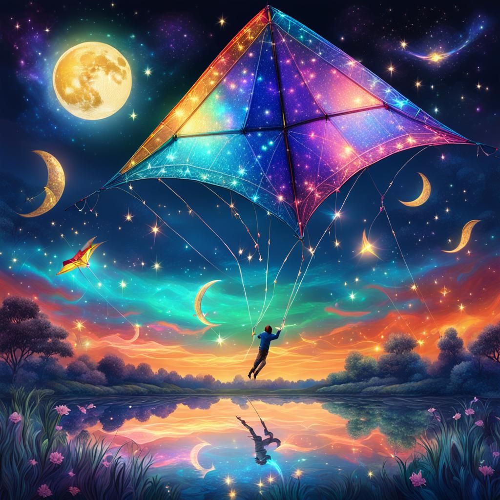 Sparkling Kite and Moon Over Pond, Cosmic Illustration