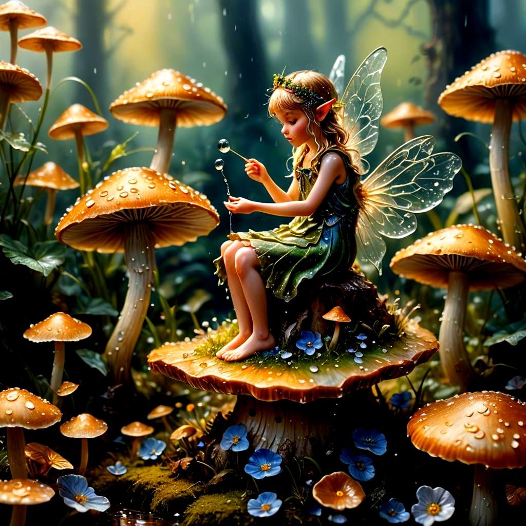 Ethereal Fairy on Mushroom in Morning Dew
