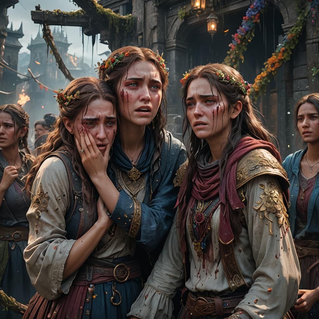 Girls Crying: Detailed Matte Painting