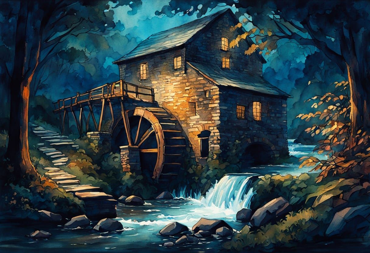 Historic Watermill in Whimsical Watercolor