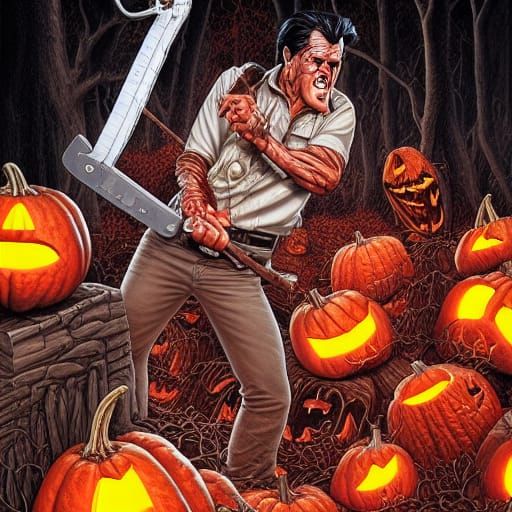 Evil Dead Chainsaw Arm vs Evil Pumpkins in Comic Book Style