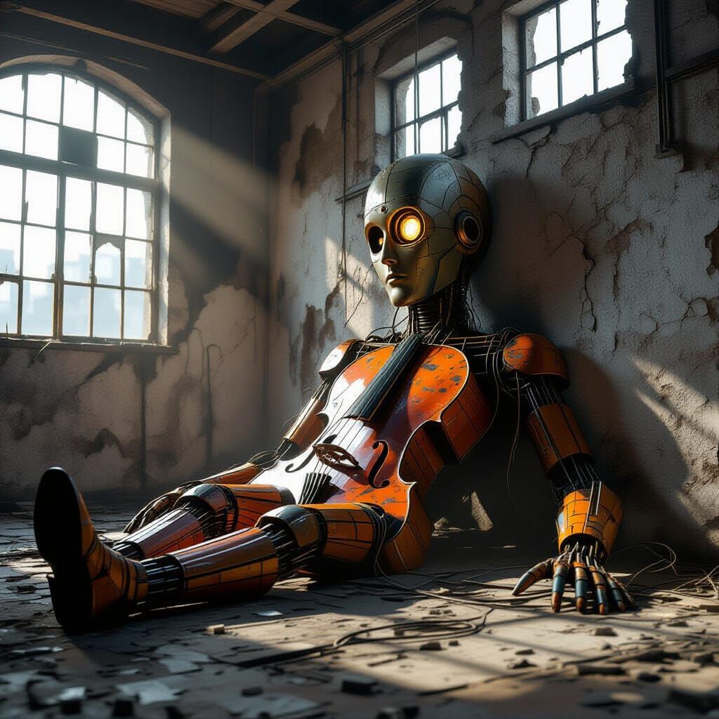 Surreal Giant Composed of Musical Instruments in Abandoned F...