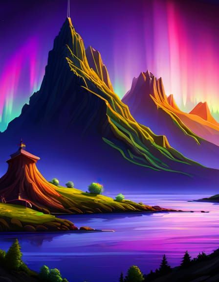 Aurora Borealis Lights Purple Mountains: Ghibli Style