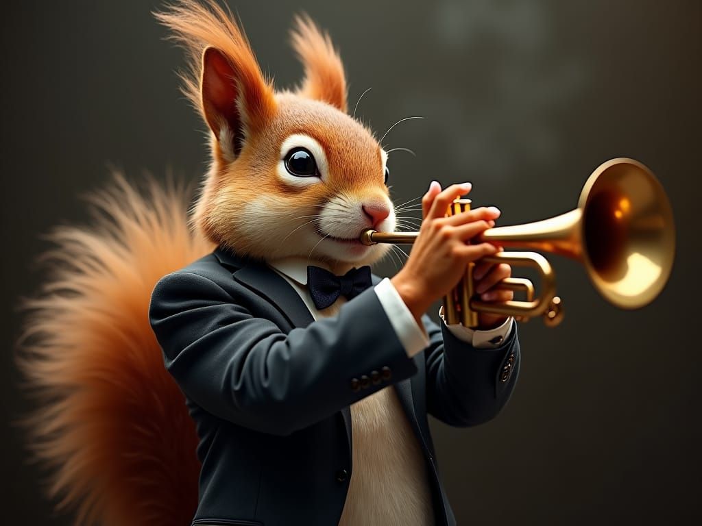 squirrel wearing suit while playing trumpet like Dizzy Gille...