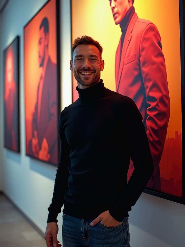 Artist Poses With Vibrant Artwork in Photorealistic Style