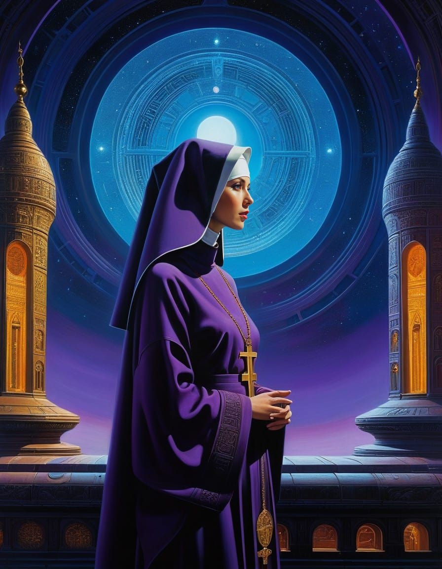 Ethereal Space Nun in Retro Sci-Fi Poster Art