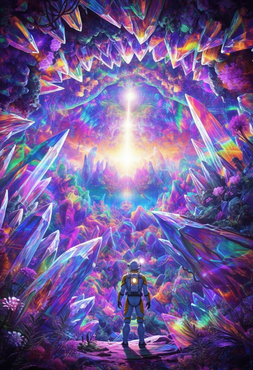 Astronaut in Crystal Geode Cavern with Bioluminescent Flora