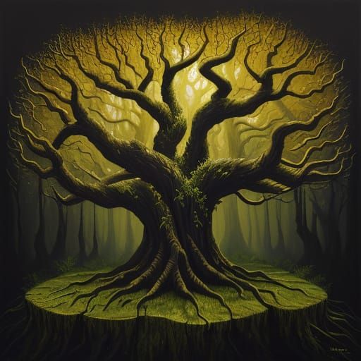 Surreal Tree Sapling Emerges from Shadows