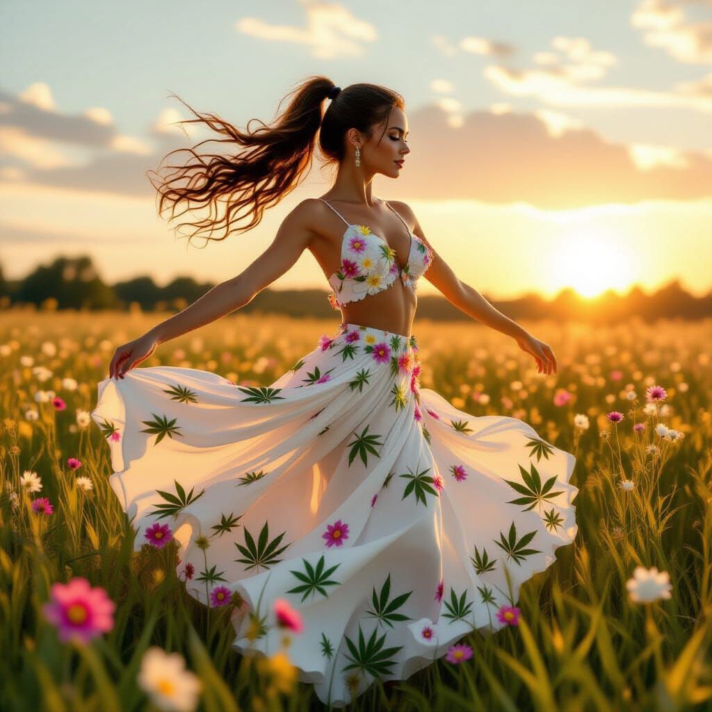 Woman Dancing in Floral Field at Golden Hour
