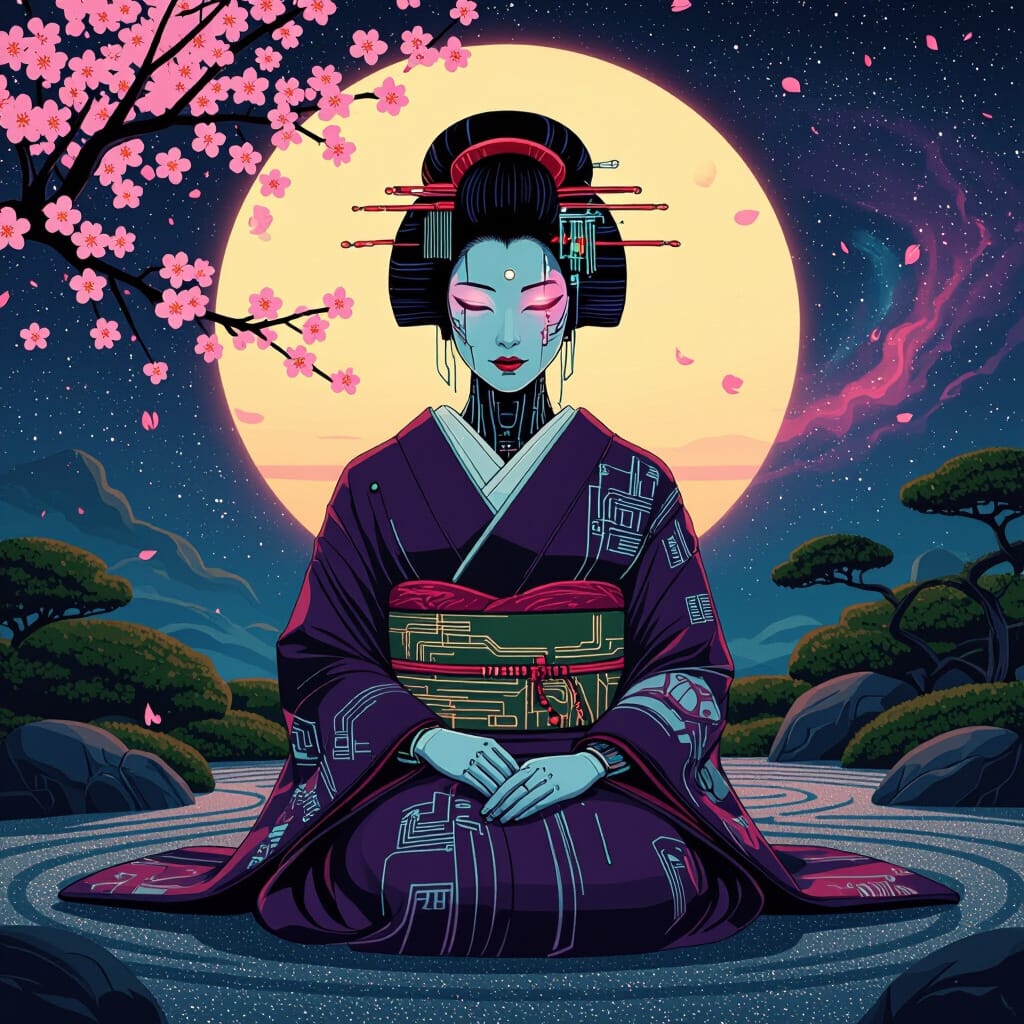 Cyborg Geisha in Zen Garden: Minimalist Vector Art