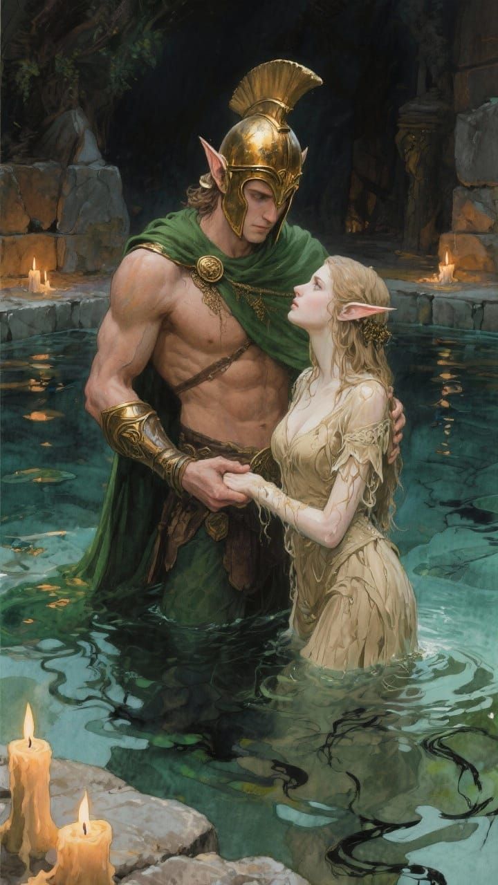 Elven Warrior and Princess in Moonlit Pool