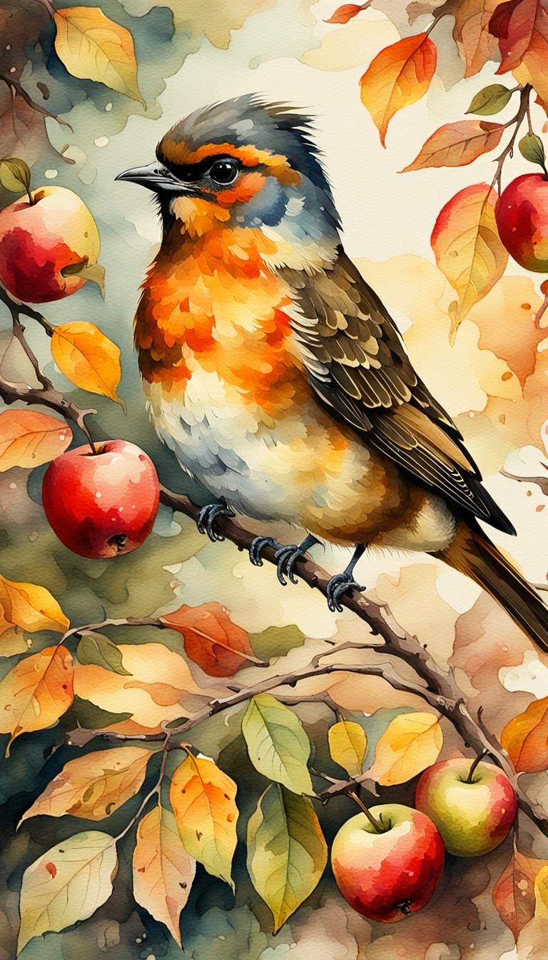 Autumn Bird Portrait in Gritty Watercolor Style