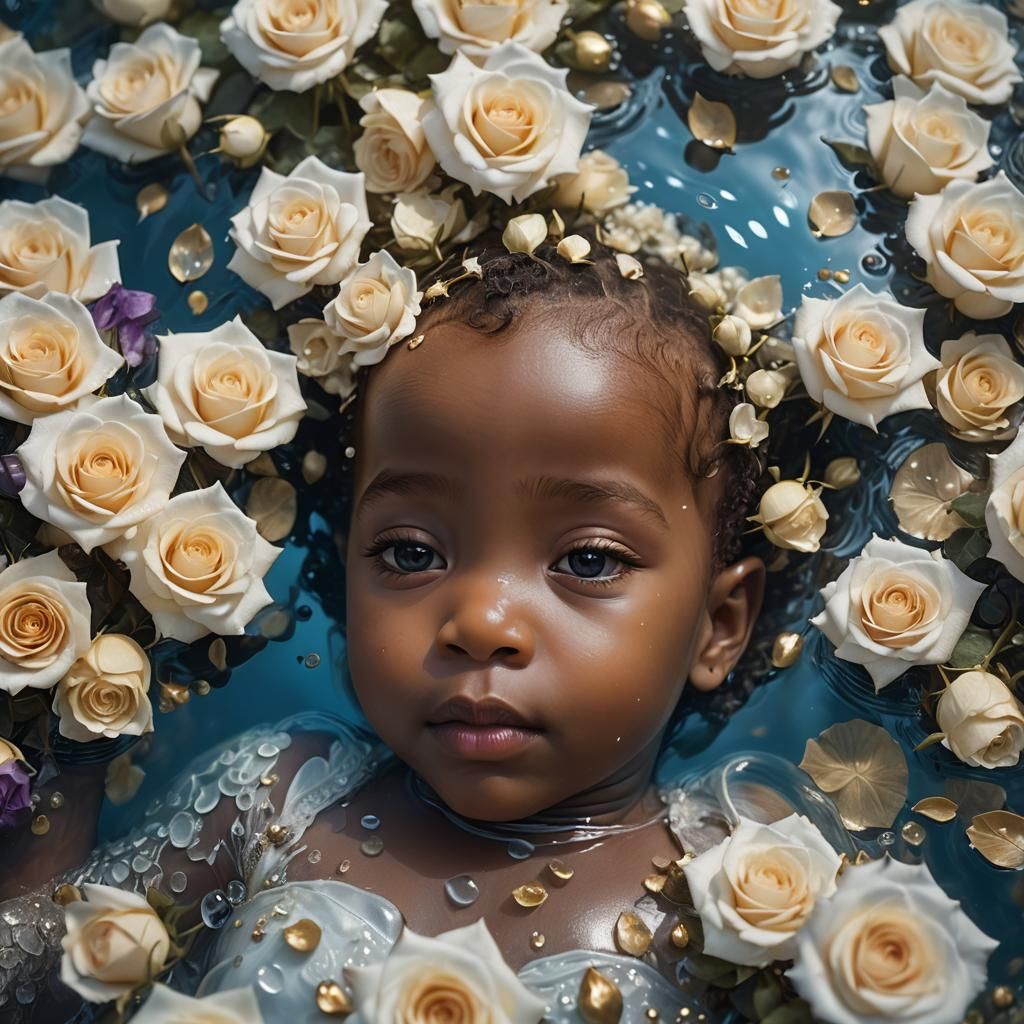 Underwater African Baby with Roses: Ethereal Fantasy Art