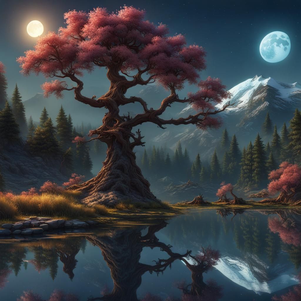 Majestic Moonlit Landscape as Oil Painting