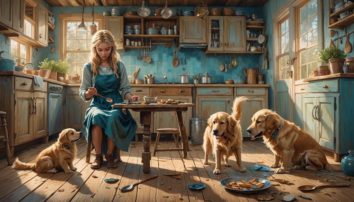 Girl and Golden Retriever in Whimsical Kitchen