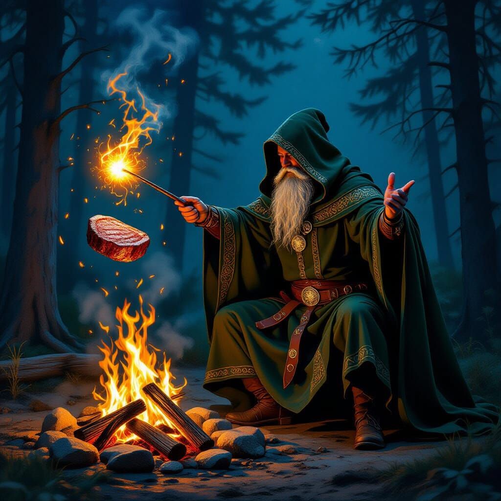 Viking Sorcerer Levitates Steak Over Campfire, Neo-Impressio...
