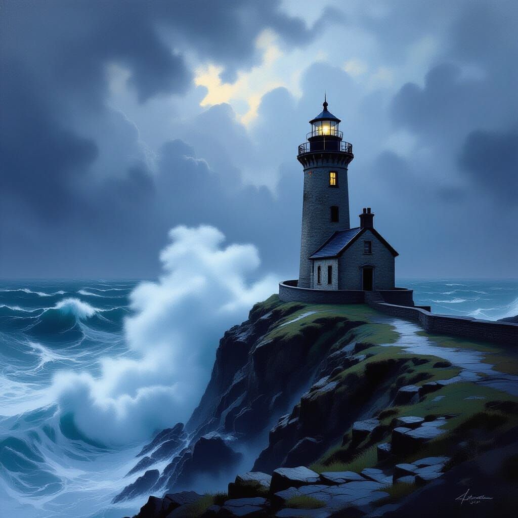 Weathered Lighthouse in Stormy Seas, Painterly Style