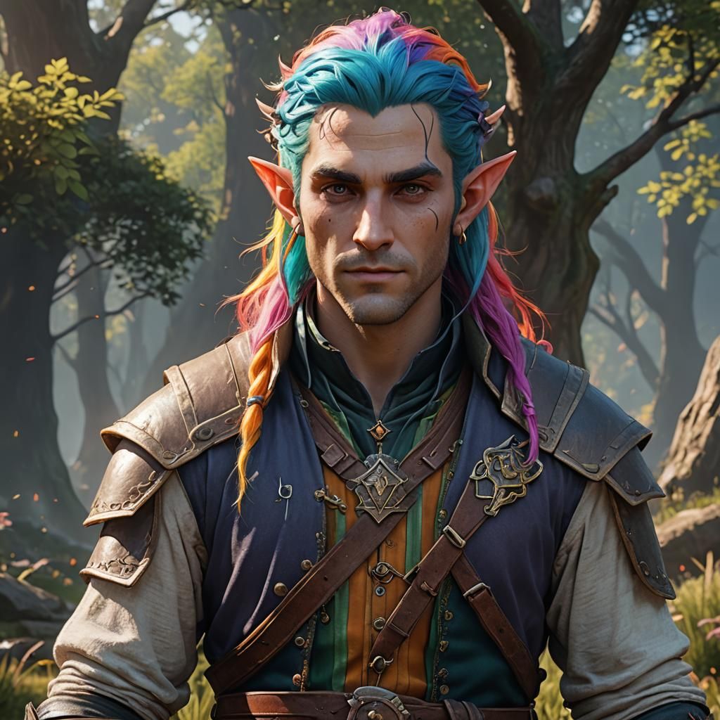 Half-Elf Bard with Rainbow Hair in 3D
