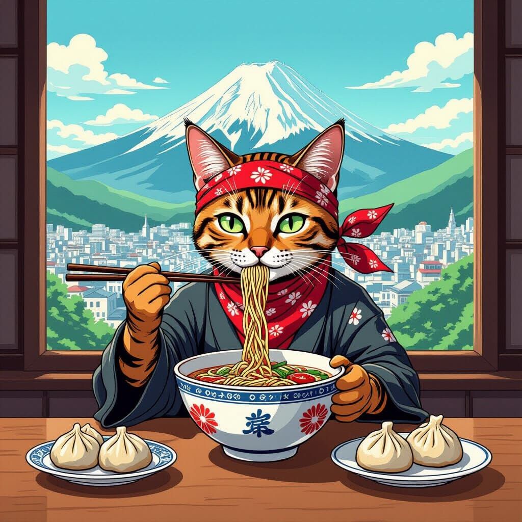 Ninja Cat Slurping Ramen in Manga Style
