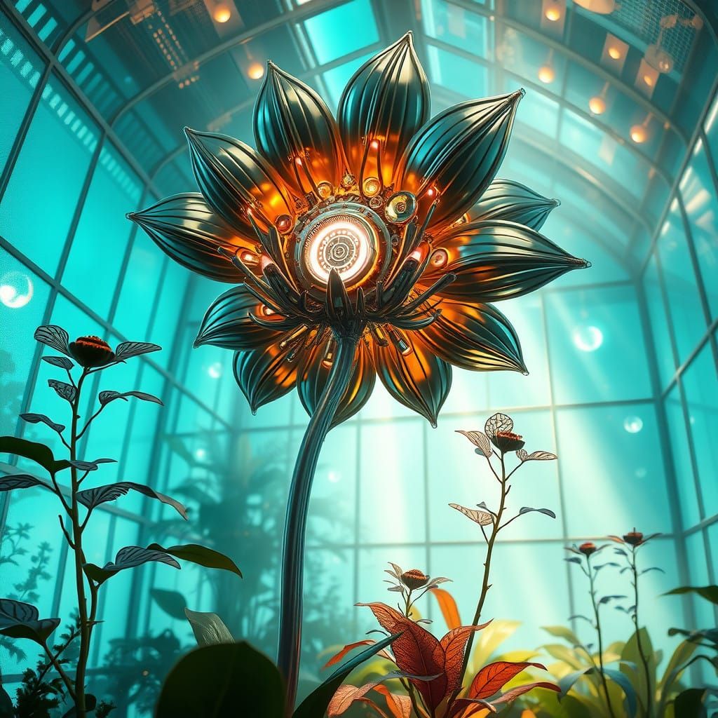 Surreal Futuristic Greenhouse with Cybernetic Flora and Glow...
