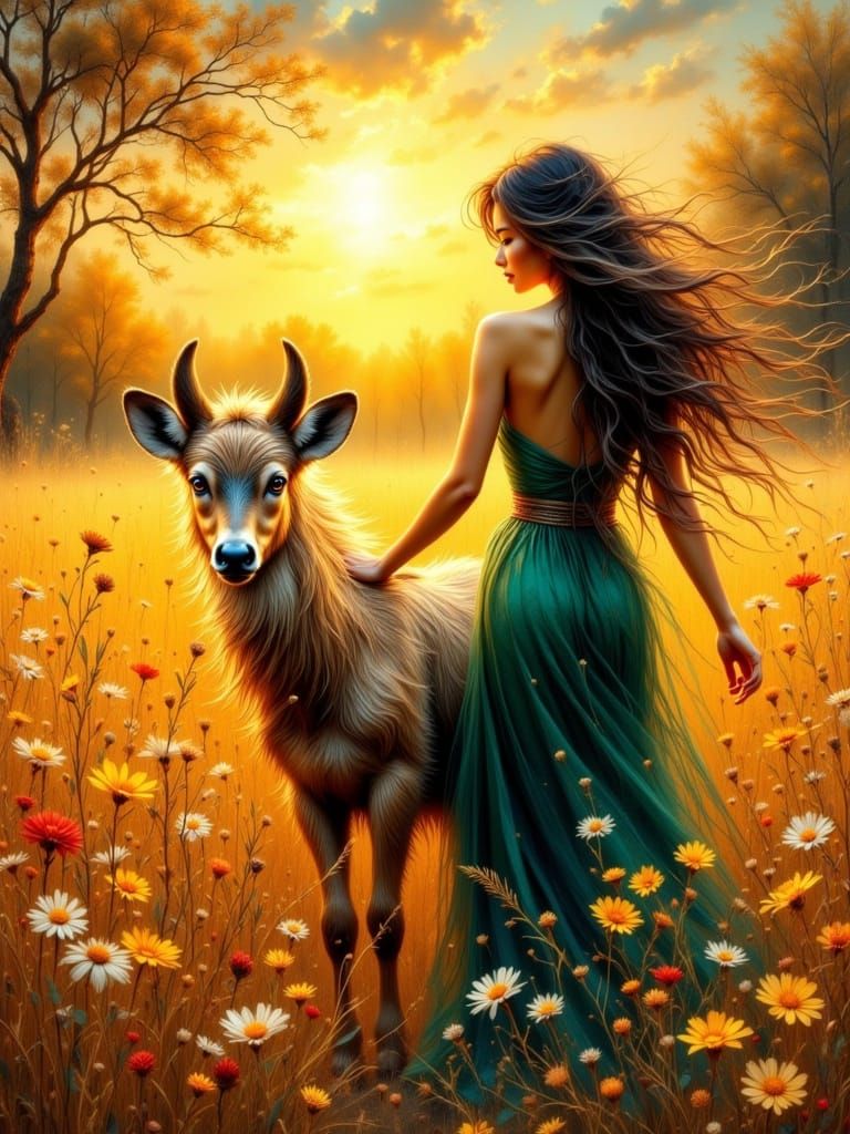 Woman Walks Cheetah in Art Nouveau Savanna Sunset