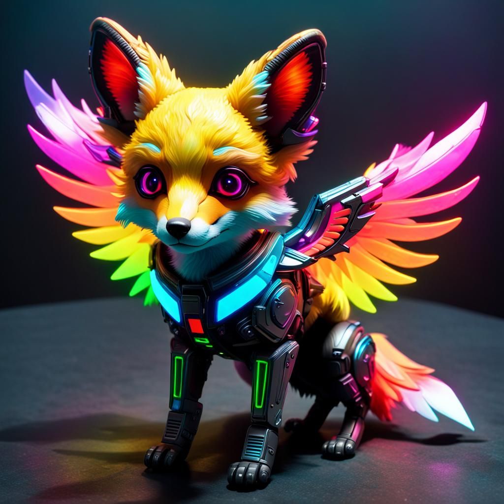 Rainbow Fox Pup in Solar Space: Cyberpunk Neon