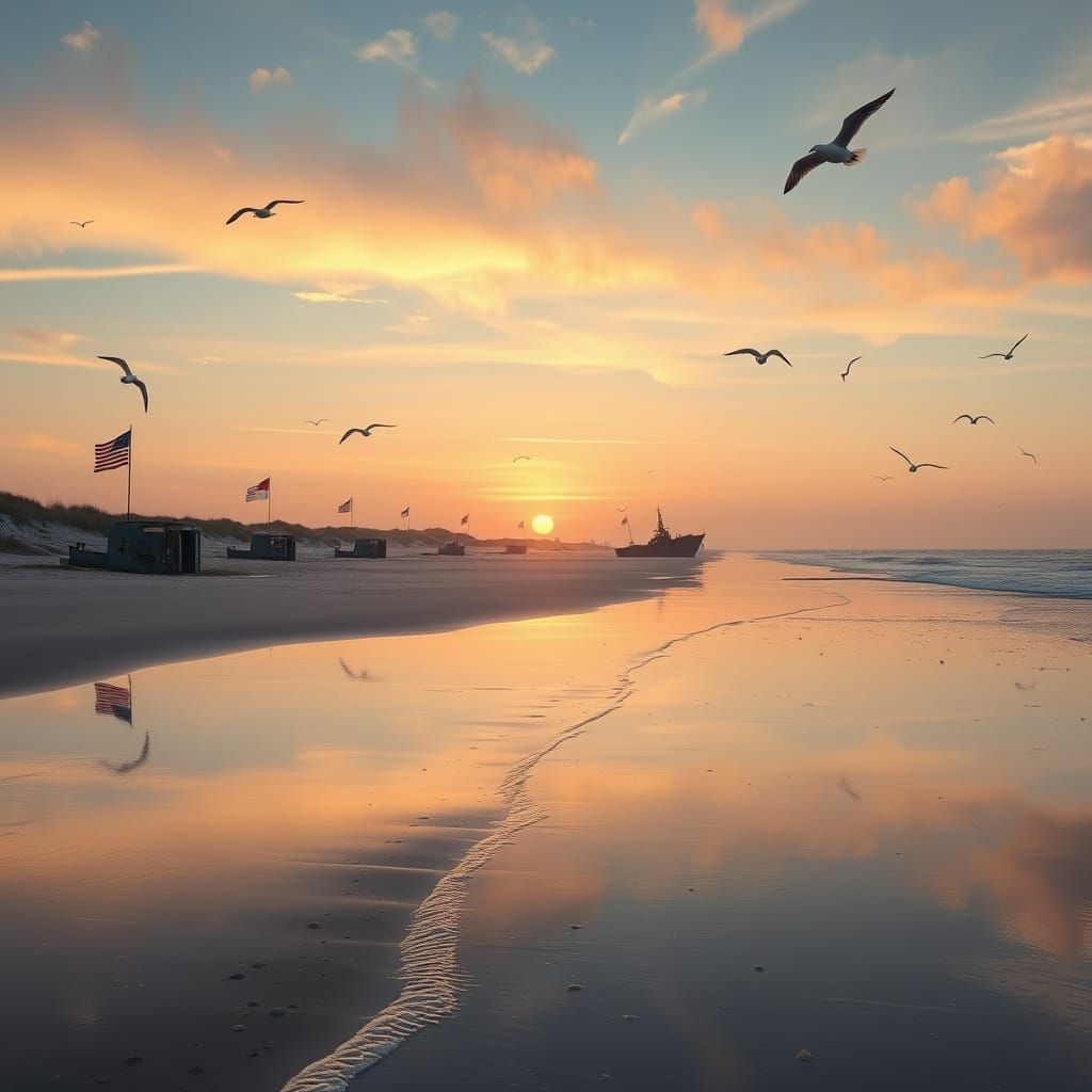 Normandy Beach at Dawn: A Solemn and Peaceful Remembrance