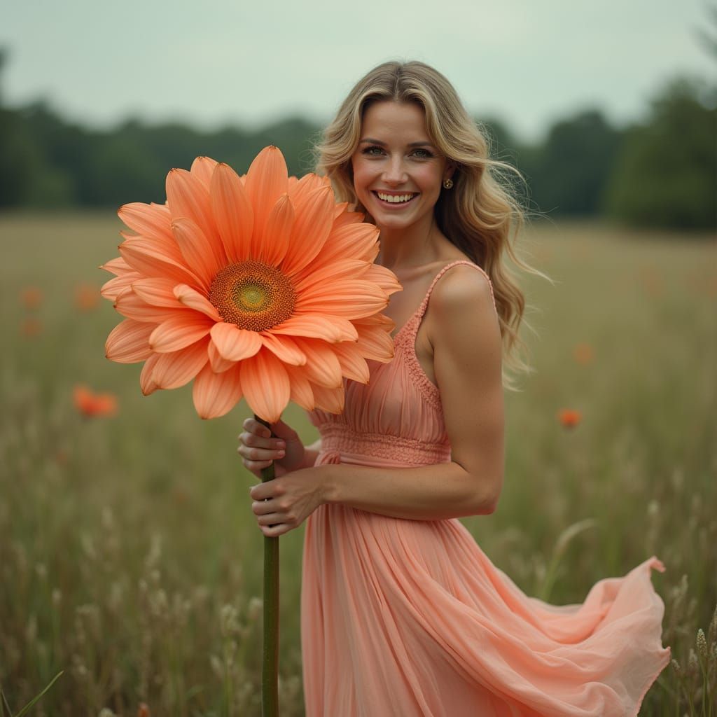 Elegant Woman with Giant Flower, Photorealistic Style