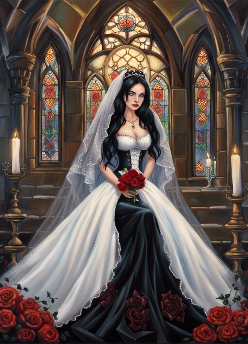 Gothic Bride with Black Roses, 8bit Style