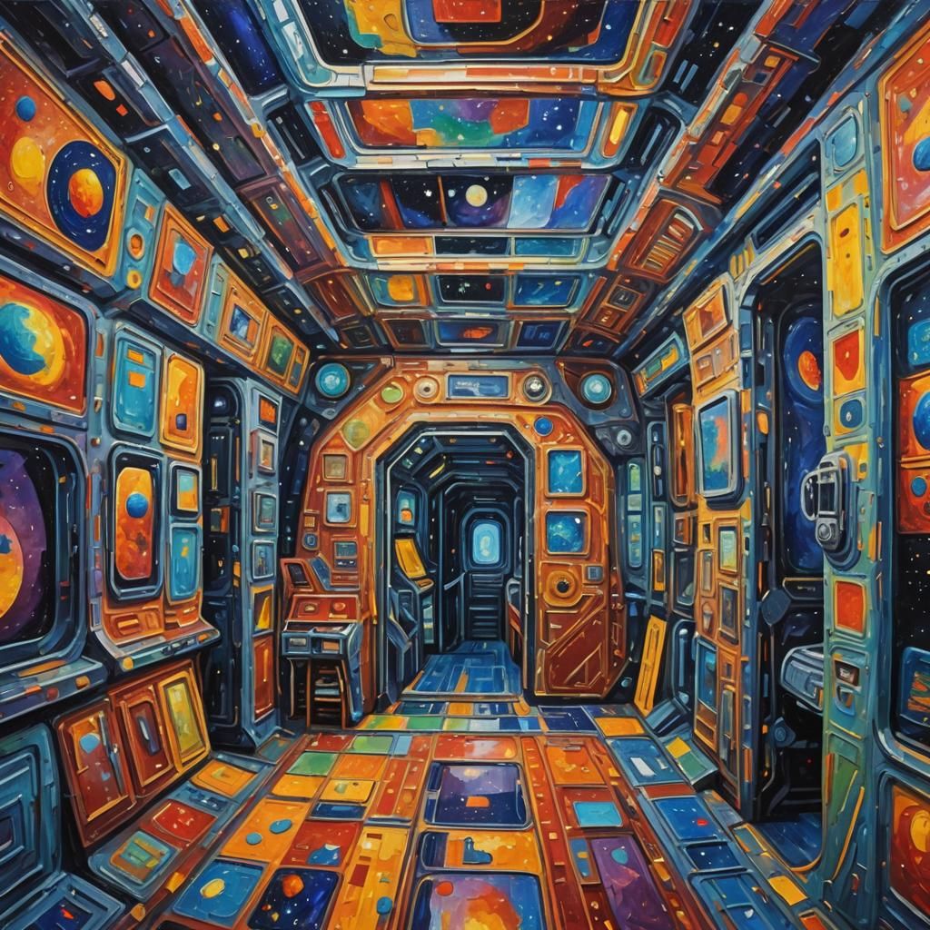 Museum on Spaceship as Expressionist Oil Painting