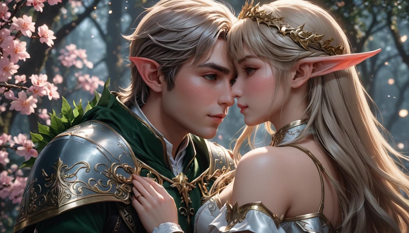 Romantic Elf Kiss: Detailed 3D Anime Art