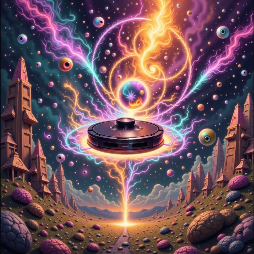Cosmic Roomba Deity Hovering Above Futuristic Cityscape