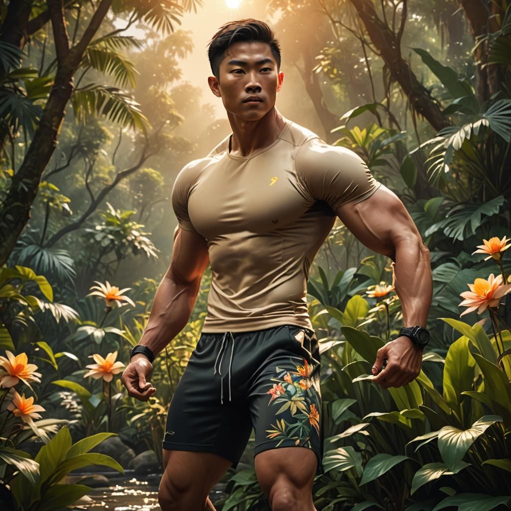 Asian Muscle Man in Jungle, Hyperrealistic Digital Art