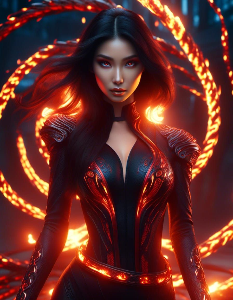 Japanese beautiful girl, badass, red makeup, red eyes, black hair, Black metallic clothing, Fire sorcerery, surrounded b...