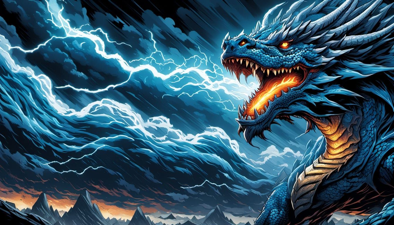 Blue Dragon Soaring Through Stormy Sky: Comic Book Art