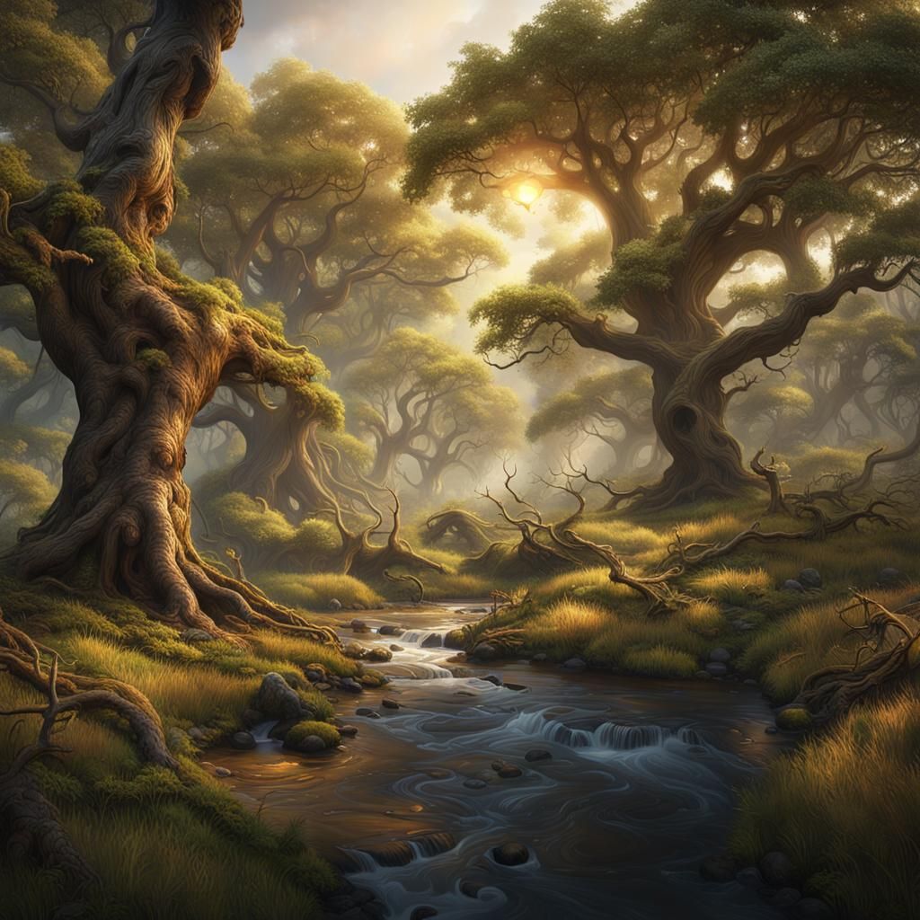Mighty Oak Forest at Dawn: Detailed Matte Painting