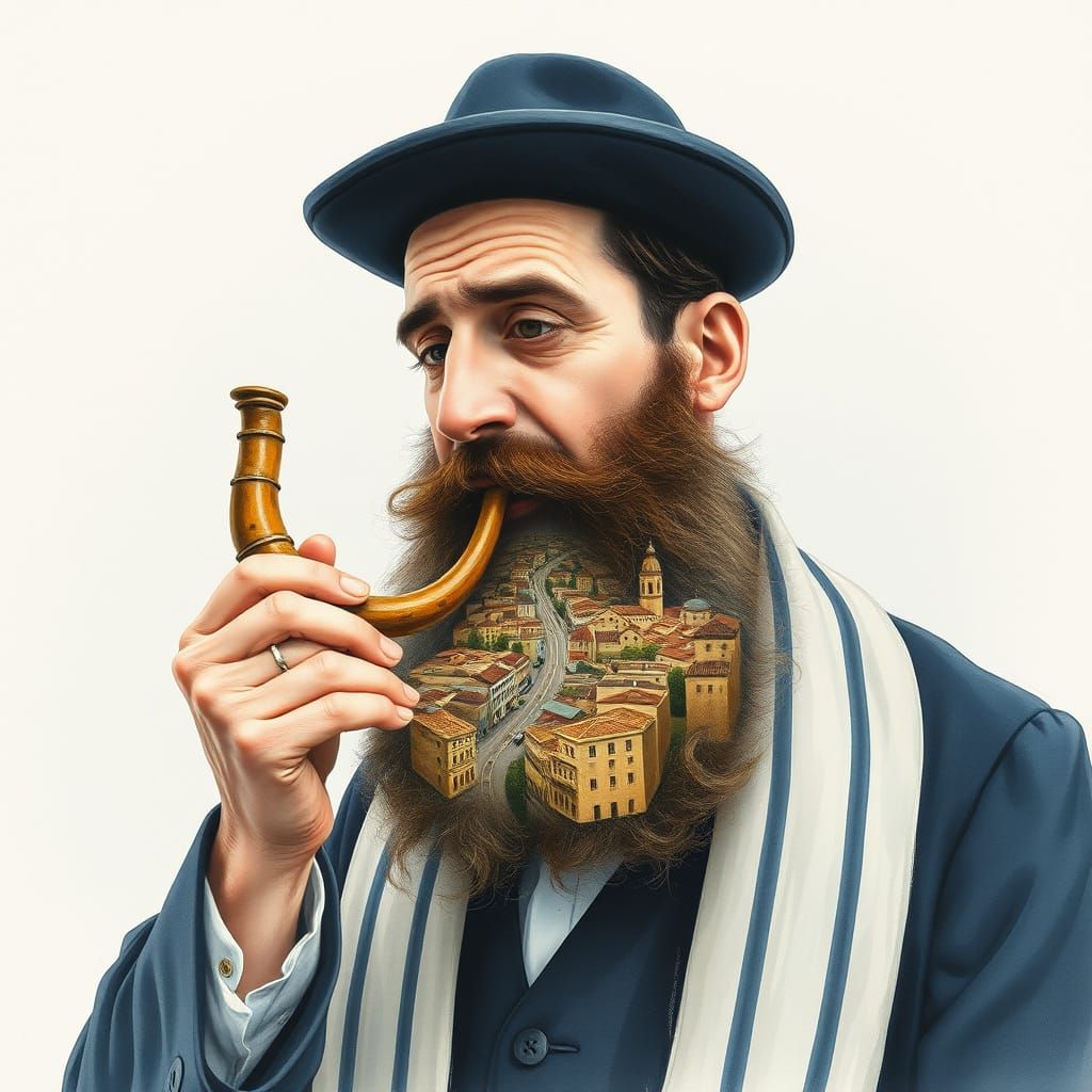 Haredi Man with Shofar Revealing Miniature City