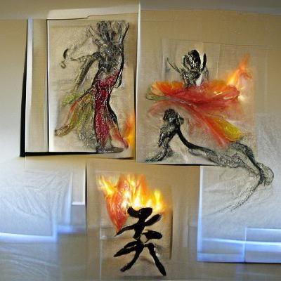 Glass Fairies Dance in Flames: Nihonga Charcoal Triptych
