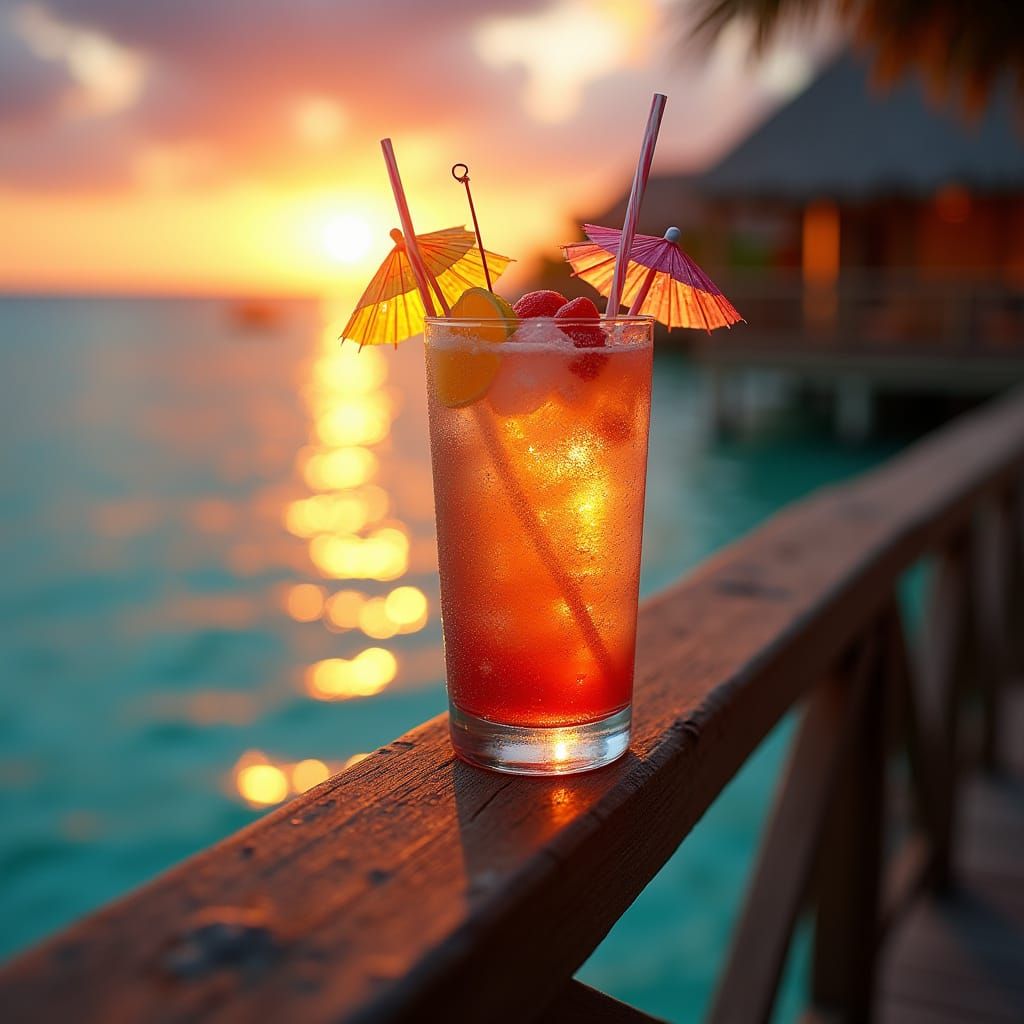 Luxurious Sunset Cocktail on Hawaiian Water Bungalow