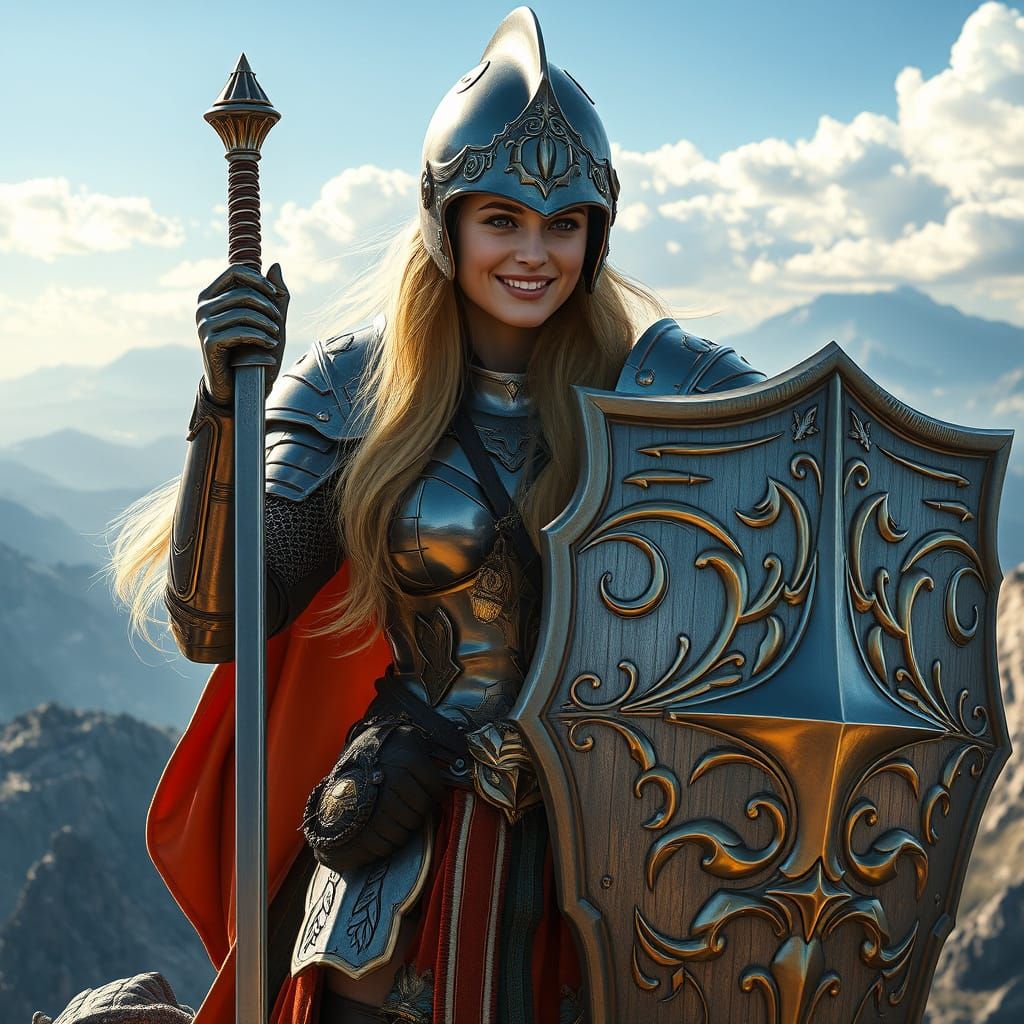 Armored Warrior on Mountaintop in Dreamy Oil Painting