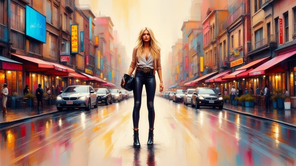 Confident Blonde Woman in Vibrant Cityscape, Expressive Art