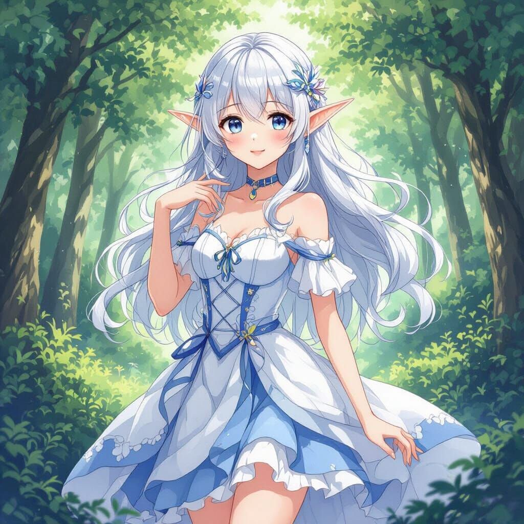 Anime Elf Girl in Lush Forest, Watercolor Style