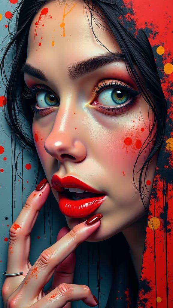 Street Art Portrait of Woman's Intense Eyes and Lips