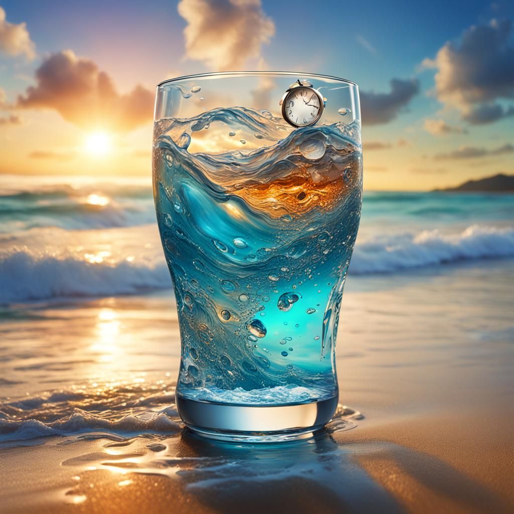 Hyperrealistic Glass on Beach with Waves, Splash Art