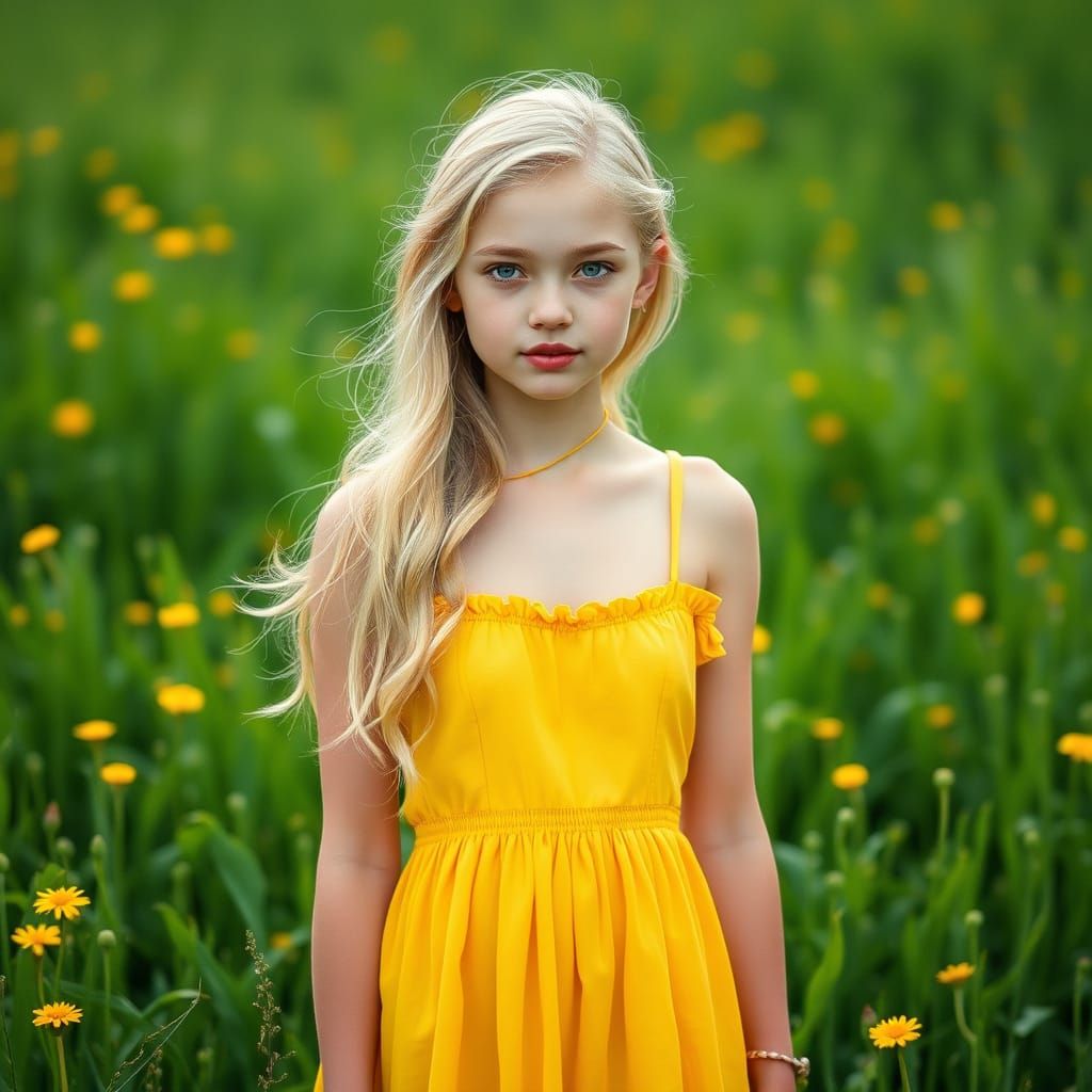 Blonde Woman in Meadow, Whimsical Art Style
